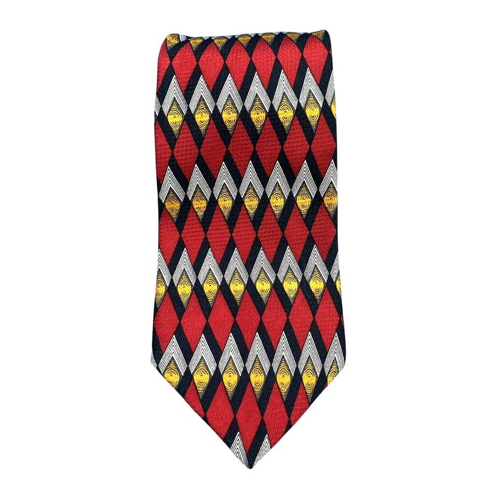 JZ RICHARDS Red/Multi ZIG-ZAG ART DECO PRINT Made In USA SILK Men's Neck Tie